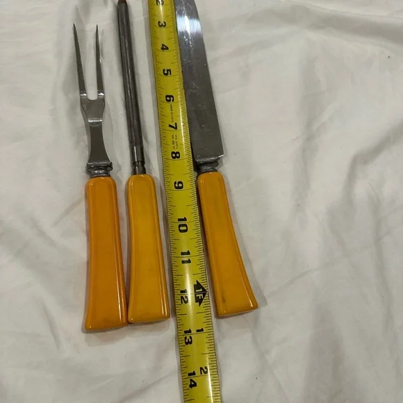 Vintage Three Piece Carving Set Butterscotch Bakelite Handle - Picture 2 of 11